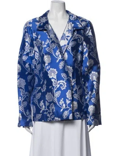 Pre-owned Nina Mclemore Silk Floral Print Blazer In Blue