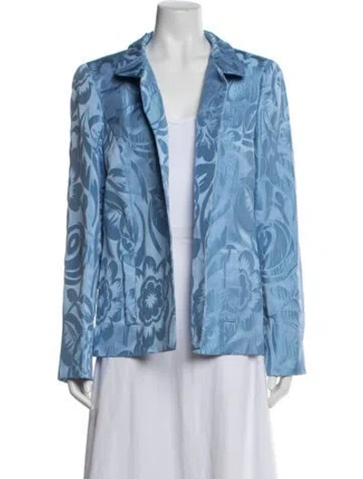 Pre-owned Nina Mclemore Silk Floral Print Blazer In Blue