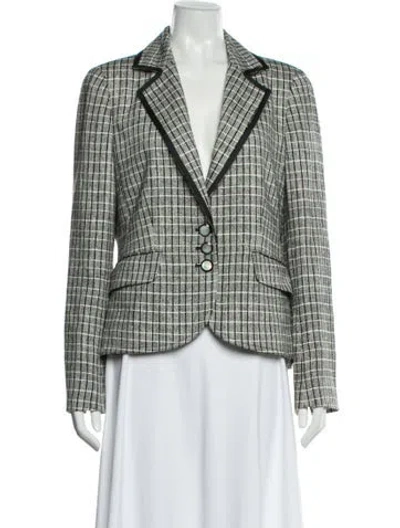 Pre-owned Nina Mclemore Silk Plaid Print Blazer In White