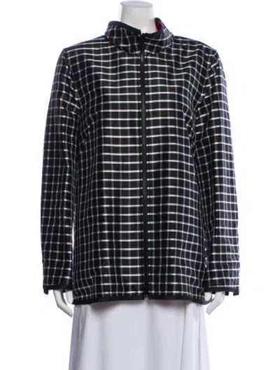 Pre-owned Nina Mclemore Silk Plaid Print Bomber Jacket In Blue