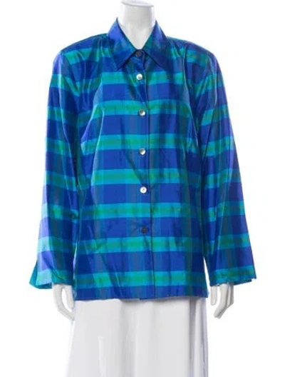 Pre-owned Nina Mclemore Silk Plaid Print Jacket In Blue