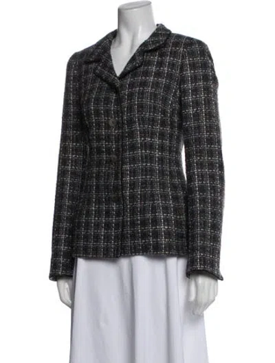 Pre-owned Nina Mclemore Virgin Wool Plaid Print Blazer In Grey