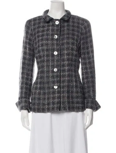 Pre-owned Nina Mclemore Virgin Wool Plaid Print Blazer In Grey