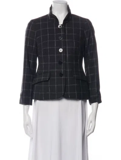 Pre-owned Nina Mclemore Wool Plaid Print Blazer In Black