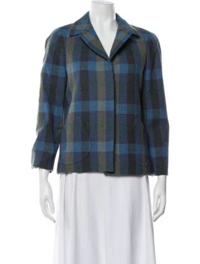 Pre-owned Nina Mclemore Wool Plaid Print Blazer In Blue