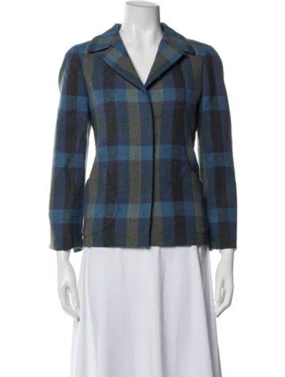 Pre-owned Nina Mclemore Wool Plaid Print Blazer In Blue