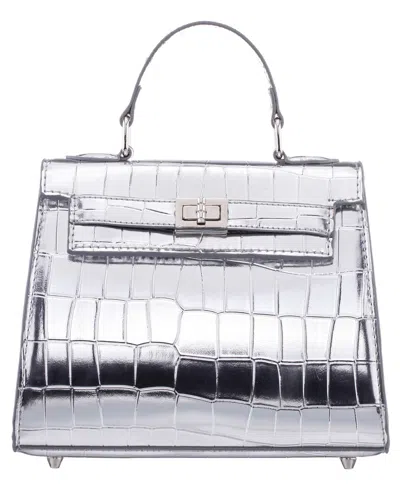 Nina Mini Croco Embossed Magnetic Snap Satchel Bag In Silver