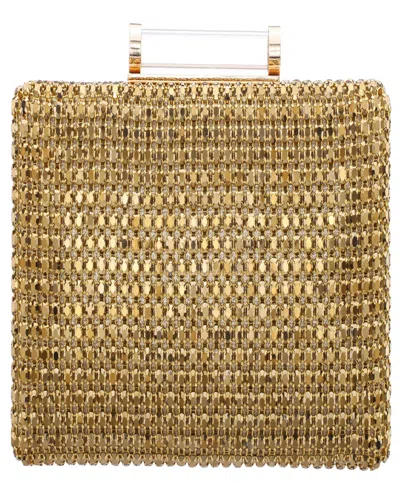 Nina Mini Crystal Encrusted Minaudiere Lift Lock Clutch In Gold