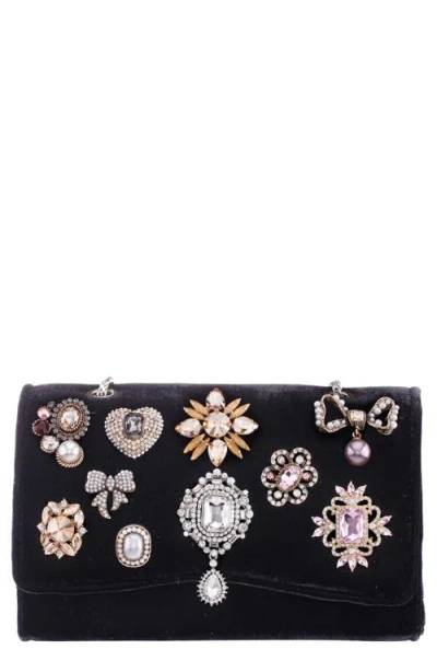 Nina Navi Crystal Brooch Velvet Clutch In Black