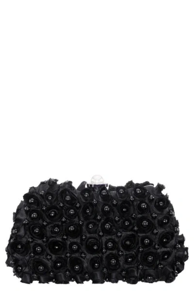 Nina Paloma Rosette Imitation Pearl Frame Clutch In Black