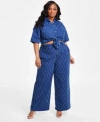 Nina Parker Diamond Texture Denim Shirt Matching Jeans In Dark Wash