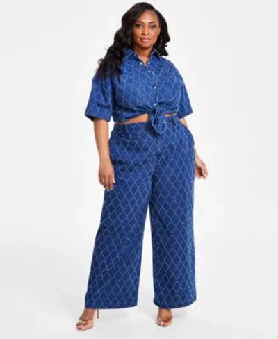 Nina Parker Diamond Texture Denim Shirt Matching Jeans In Dark Wash
