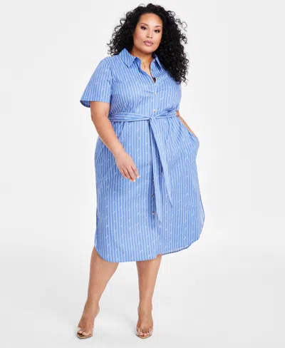 Nina Parker Plus Size Belted Striped-print High-low Dress In Blue Print