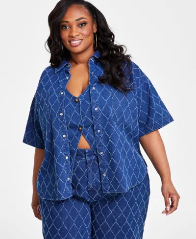 Nina Parker Plus Size Diamond-texture Denim Shirt In Dark Wash