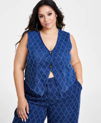 NINA PARKER PLUS SIZE DIAMOND-TEXTURE DENIM VEST