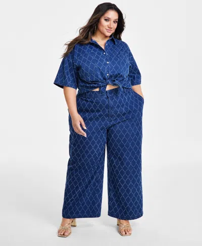 Nina Parker Plus Size Diamond-texture Wide-leg Jeans In Dark Wash