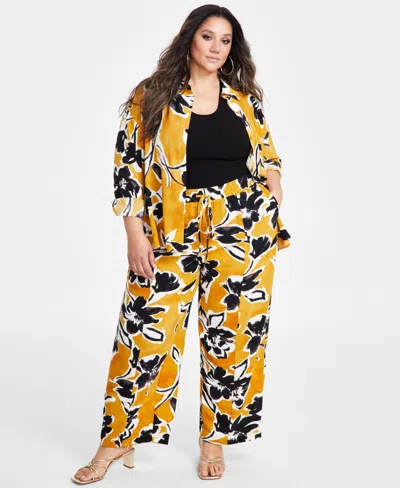 Nina Parker Plus Size Floral-print Drawstring-waist Pants In Yellow Flower Print
