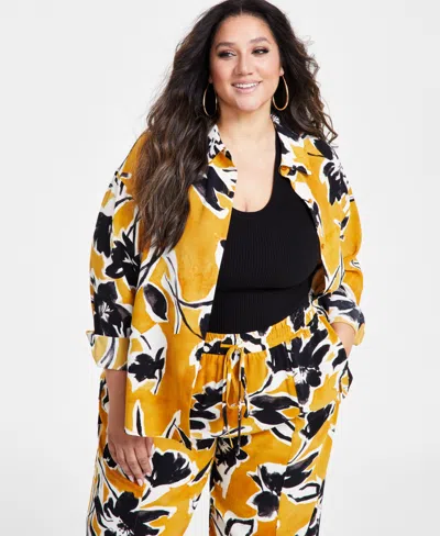 Nina Parker Plus Size Floral-print Relaxed-fit Blouse In Yellow Flower Print