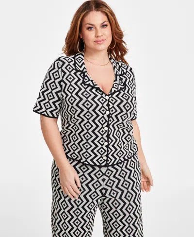 Nina Parker Plus Size Geo-print Notch-collar Jacquard Top In Neutral Geo Print