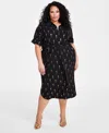 NINA PARKER PLUS SIZE METALLIC LOVE-PRINT BELTED DRESS