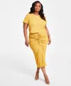 Nina Parker Textured Short Sleeve Top Ruched Midi Skirt In Yellow
