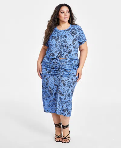 Nina Parker Plus Size Textured Paisley-print Drawstring-ruched Skirt In Blue Bandana Print