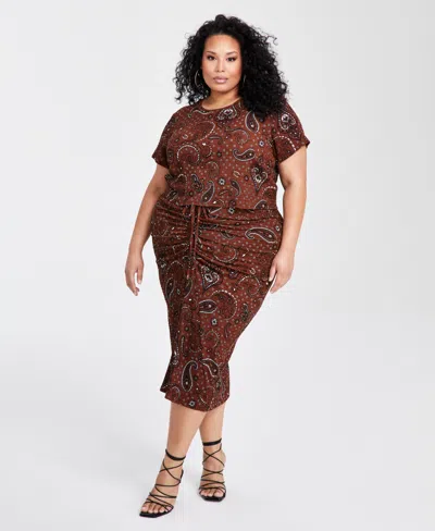 Nina Parker Plus Size Textured Paisley-print Drawstring-ruched Skirt In Brown Bandana Print