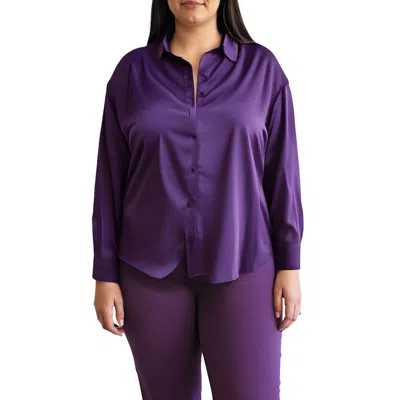 Nina Parker Plus Womens Collar Side Slit Button-down Top In Purple