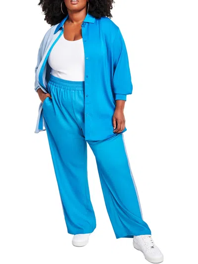Nina Parker Plus Womens Colorblock Sheen Blouse In Blue