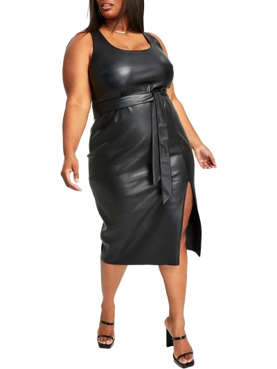 Nina Parker Plus Womens Faux Leather Sleeveless Midi Dress In Black