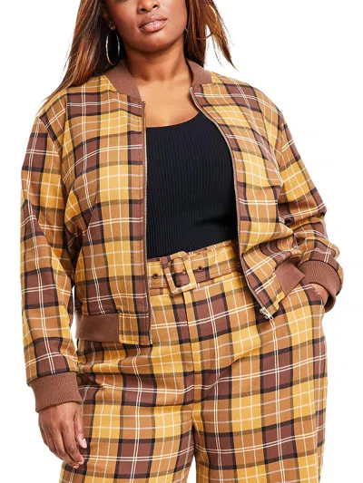 Nina Parker Plus Womens Lightweight Short Bomber Jacket In Yellow
