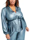 Nina Parker Trendy Plus Size Metallic Wrap Top In Blue