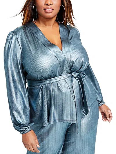 Nina Parker Trendy Plus Size Metallic Wrap Top In Ice Blue
