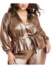 Nina Parker Plus Womens Metallic Belted Wrap Top In White