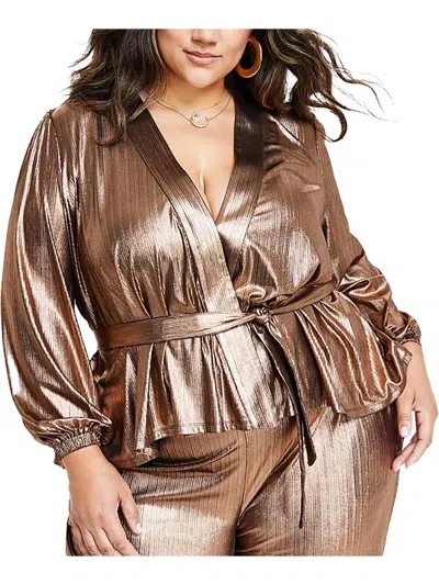 Nina Parker Plus Womens Metallic Belted Wrap Top In White