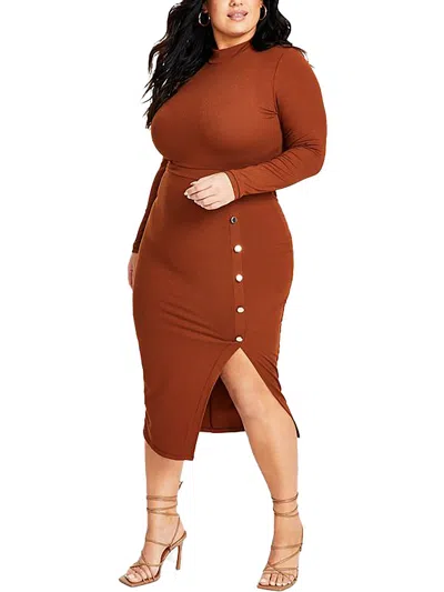 Nina Parker Plus Womens Ribbed Bodycon Midi Dress In Brown