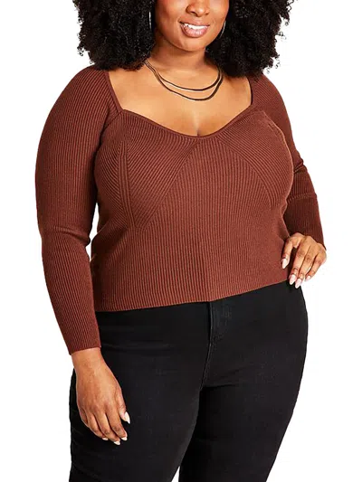 Nina Parker Plus Womens Ribbed Work Wear Pullover Sweater In Brown