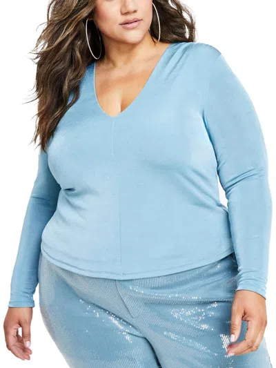 Nina Parker Trendy Plus Size V-neck Long-sleeve Top In Ice Blue
