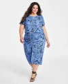 Nina Parker Plus Size Textured Paisley-print Drawstring-ruched Skirt In Brown Bandana Print