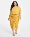 Nina Parker Textured Short Sleeve Top Ruched Midi Skirt In Black Beauty