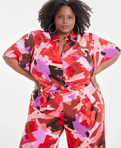 Nina Parker Trendy Plus Size Cropped Knot-hem Top, Created For Macy's In Paint Colo