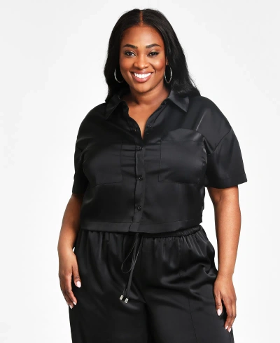 Nina Parker Trendy Plus Size Cropped Printed Satin Shirt In Black Beauty