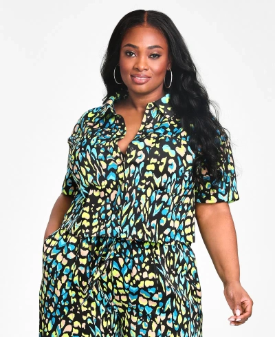 Nina Parker Trendy Plus Size Cropped Printed Satin Shirt In Mixed Multi Leopard