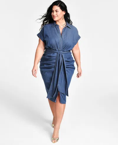 Nina Parker Trendy Plus Size Ruched Tie-front Dress In Med Wash Denim