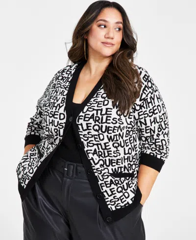 Nina Parker Trendy Plus Size Jacquard Boyfriend Cardigan In Affirmations