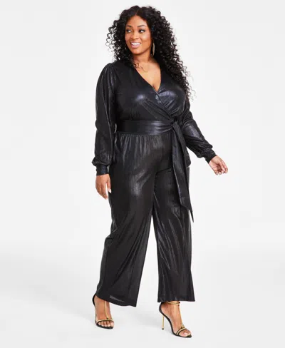 Nina Parker Trendy Plus Size Long-sleeve Metallic Jumpsuit In Black Beauty