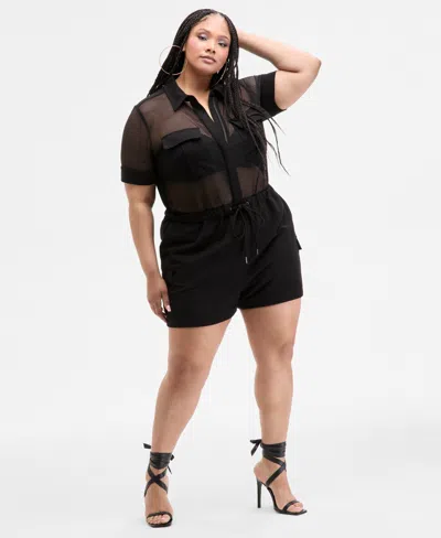 Nina Parker Trendy Plus Size Mesh Utility Romper