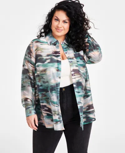 Nina Parker Trendy Plus Size Organza Button-front Shirt In Tie Dye Camo