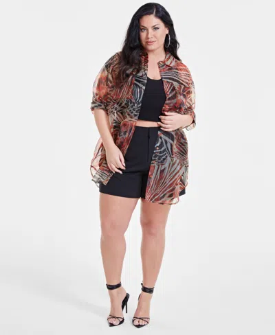 Nina Parker Trendy Plus Size Organza Camo Oversized Shirt In Multi Comb