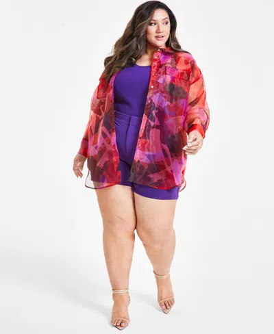 Nina Parker Trendy Plus Size Organza Camo Oversized Shirt In Paint Colorblock